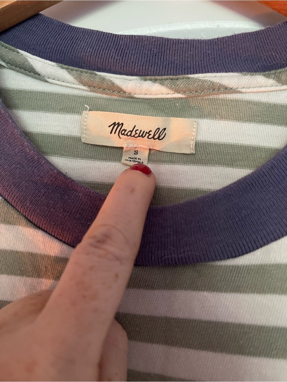 Madewell Green and White Striped Tee with Purple Rib Neck